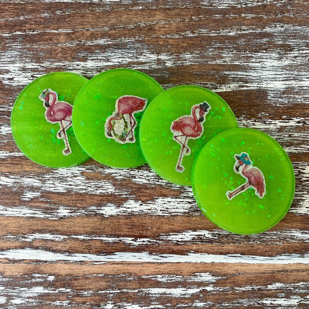 Flamingos Glitter Green Resin Drink Coasters Set of 4 Housewarming Gift Table